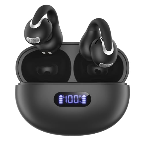 Jzones Open Ear Clip Wireless Earbuds Bluetooth 5.4, Lightweight Comfort Sports Bone Conduction Headphones Built-in Mic for Clear Audio, Stable Fit…