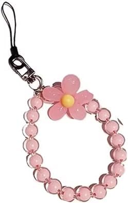 1pc Pink Flower Mobile Phone Strap Beaded Bracelet,Creative Hanging Rope Keychain Mobile Phones Lanyard Beaded,Flower Anti-Lost Phones Case Lanyard