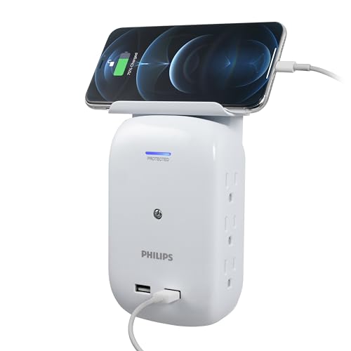 Philips 6-Outlet Tap with Device Shelf, 450J, Space Saving Design with Indicator Light, for Smartphone Charging Station, Multi-Use, 2 USB Ports