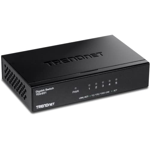 TRENDnet Gigabit Desktop Switch, TEG-S51, 5 x Gigabit RJ-45 Ports, Ethernet Splitter, 10Gbps Switching Capacity, Fanless Design, Metal Enclosure