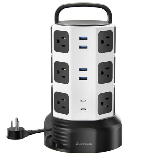 Power Strip Tower Surge Protector, JACKYLED 12 Outlets 6 USB (2 USB C) Charging Station, Extension Cord with Multiple Outlets, 1050J 1625W/13A Outlet