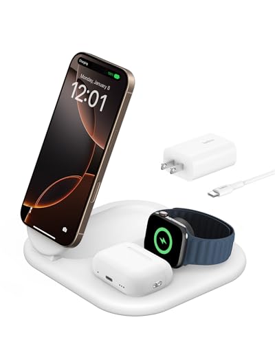 Belkin 3-in-1 MagSafe-Compatible iPhone Charger - Foldable Magnetic Qi2 Certified, MagSafe Charging Station for Phone, Apple Watch, AirPods - Wireless
