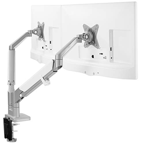 VIVO Space Saving Dual 17 to 32 inch Pneumatic Spring Arms, Aluminum Clamp-on Desk Mount Stand, Fits 2 Monitor Screens with Max VESA 100x100, Silver
