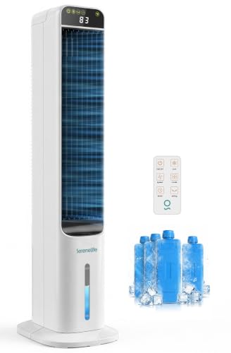 SereneLife Evaporative Air Cooler Tower Fan with Remote, 5L Water Tank, 4 Ice Boxes, 3 Speeds, 60° Oscillation, Quiet Portable Swamp Cooler, Cooling