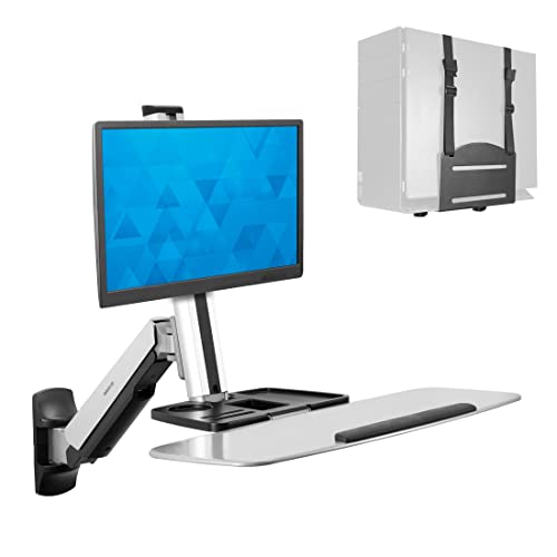 Mount-It! Wall Mounted Sit-Stand Single Monitor Workstation with Gas Spring Arm, Keyboard Tray & CPU Holder, 19.9” Height Adjustment, 41” Extension