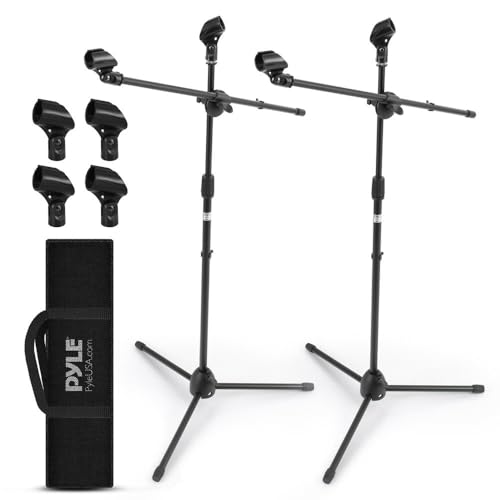 Pyle Universal Adjustable Tripod Microphone Stand - Pair of Heavy Duty Lightweight Professional Compact Extendable Stage Studio Floor Standing Boom