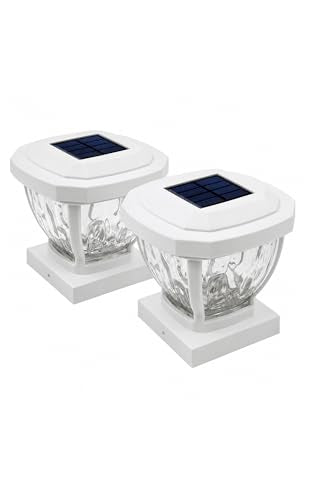 Home Zone Security Solar Post Cap Lights - Decorative Glass LED Outdoor 4x4 (3.5 x 3.5 in.) Post Lights, White (2-Pack)