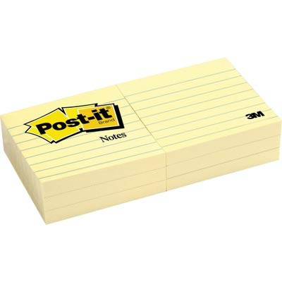Post-it Notes, 3 x 3 in, The Iconic Canary Yellow Note, 12 Lined Pads
