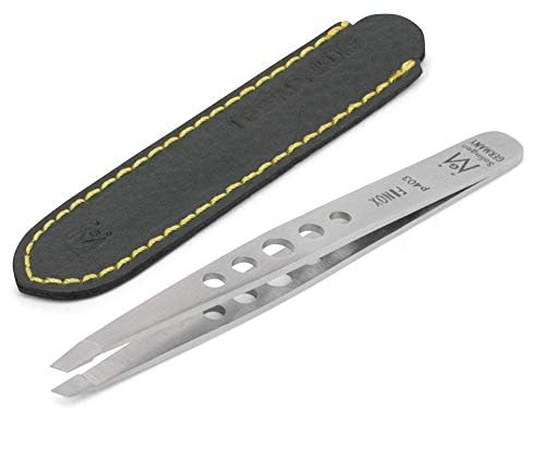 GERMANIKURE Professional Perforated Slanted Tweezers - FINOX Stainless Steel Sharp in Leather Case - Ethically Made in Solingen, Germany - 4403