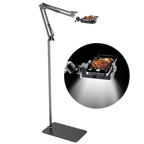 Floor Overhead Phone Tripod with Rechargeable Light for Cooking Videos, Move Around Phone Stand with Ring Light Content Creator Video Recording Selfie