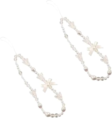 Galepromot 2Pcs White Mobile Phone Lanyard Universal Phone Chain Black Bow White Pearl Beaded Phone Lanyard Wrist Strap Anti Lost Phone Charm Strap