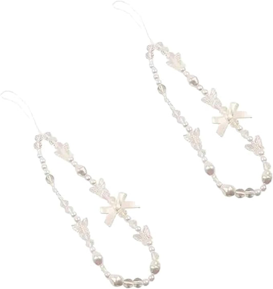Galepromot 2Pcs White Mobile Phone Lanyard Universal Phone Chain Black Bow White Pearl Beaded Phone Lanyard Wrist Strap Anti Lost Phone Charm Strap