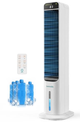 SereneLife Evaporative Air Cooler Tower with Remote, 5L Tank, 4 Ice Boxes, 3 Speeds, Quiet Standing Cooler with Oscillation for Home, Office or