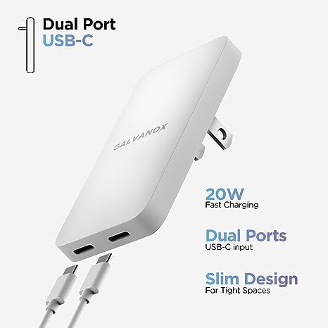 Galvanox Dual USB-C Wall Charger for iPhone 15 Fast Charging (20W) Ultra Slim Multi Port Power Adapter [0.48" Flat Design] with 2 USB Type-C Cables
