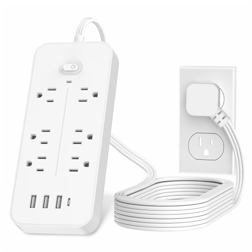 Power Bars with Surge Protector, Flat Plug Exetnsion Cord, Power Strip Outlet Extender with 6 Outlets and 4 USB Ports(1 USB C), Wall Mount for Home