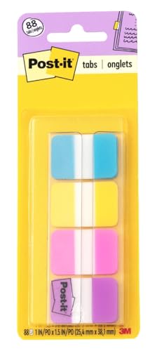 Post-it Sticky Tabs, 1 in. x 1.5 in., 4 Pads of Book Tabs in Assorted Bright Colors for Bookmarking, Annotating, Reading, and Reminders, Blue, Yellow