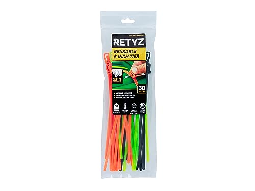 RETYZ Releasable Cable Ties Combo Pack, 30 Pack, 50 lb Tensile Strength, 8-Inch, Multi-Color (Black, Fluorescent Orange, Fluorescent Green), Heavy