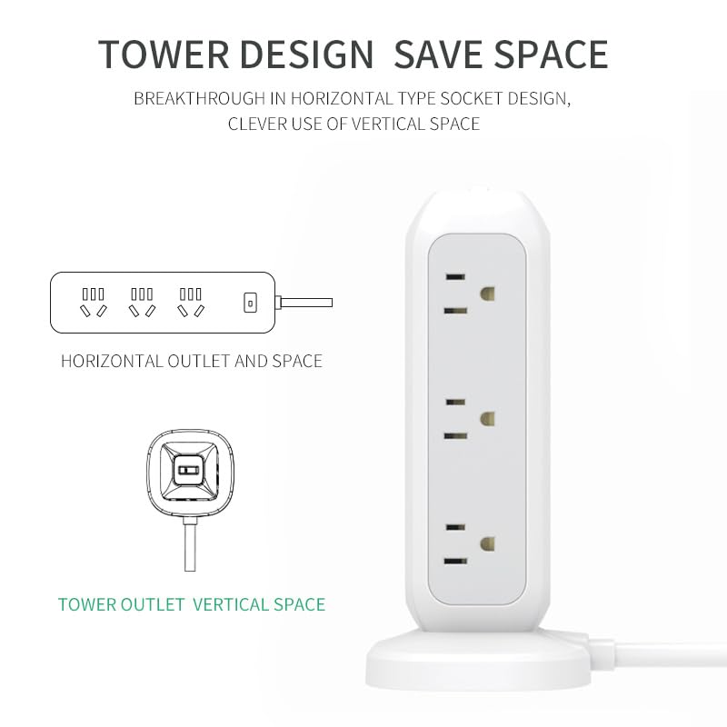 [White Lunar] Power Strip Tower with Surge Protector - 11 AC Outlets, 4 USB Ports (2 USB-A & 2 USB-C), 6ft Heavy-Duty Flat Plug Extension Cord