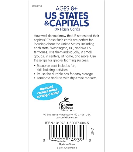 Carson Dellosa States and Capitals Flash Cards for Kids Ages 8+, Geography Flash Cards with US History, Fun Facts, Grade 3, Grade 4 and Grade 5
