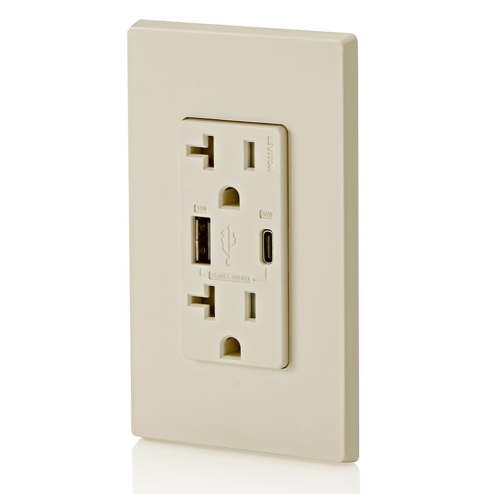 Leviton T5834-T 60W (20V@2.5A+ 5V@2A) USB Dual Type A/Type-C Power Delivery in-Wall Charger with 20A Tamper-Resistant Outlet, USB Charger