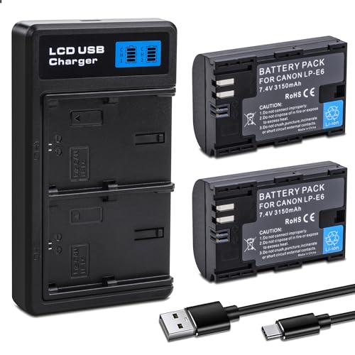 2-pack LP-E6 LP-E6N Batteries with Dual Charger for Canon EOS 5D Mark II, 5D Mark III, 5D Mark IV, 5DS, 5DS R, 6D, 6D Mark II, 7D, 7D Mark II, 60D
