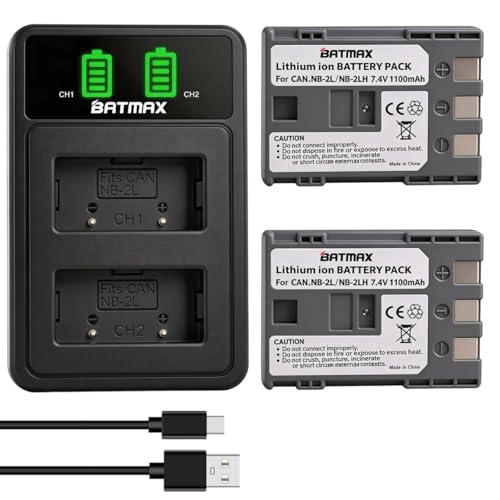 Batmax 2Pcs NB-2L NB-2LH Battery + Dual USB LED Charger for Canon PowerShot G7 G9 S80 S70 S60 S50 S45 S40 S30, Canon DC410 DC420 EOS 350D 400D Digital