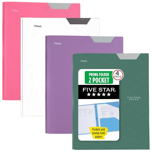 Five Star 2-Pocket Plastic Folder with Stay-Put Tabs and Prong Fasteners, Holds 8.5" x 11" Paper, Assorted Colors, 4 Pack (340300B)