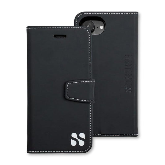 SafeSleeve Wallet Leather Case for iPhone 16e/17e EMF Blocker for Cell Phone with 3 Card Holder & Adjustable Stand - Magnetic Closure, and Magnetic