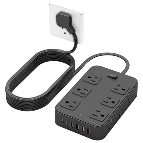 Solidock Flat Plug Power Strip Surge Protector 5 Ft Extension Cord with 12 AC Outlets 6 USB Ports 3 Side Multi Plug Outlet Extender Home Office