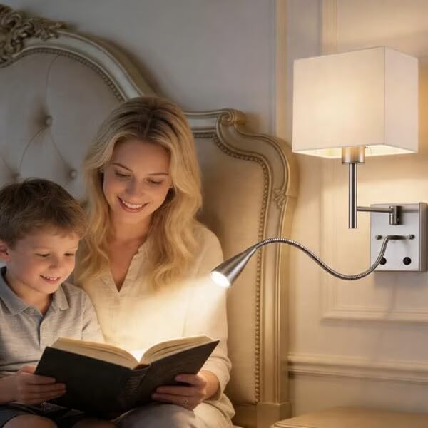 HomeFocus Bedside Wall Lamp with LED Reading Lamp,Swing Arm Wall Light,Wall Sconces