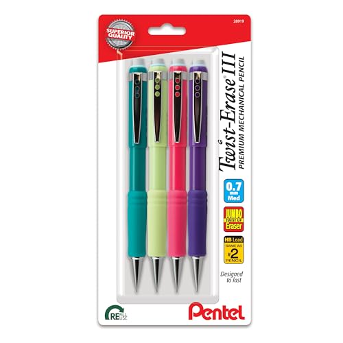 Pentel Twist-Erase III Mechanical Pencil, (0.7mm), Medium Line, Assorted Fashion Color Barrels, Pack of 4 (QE517FBP4M)