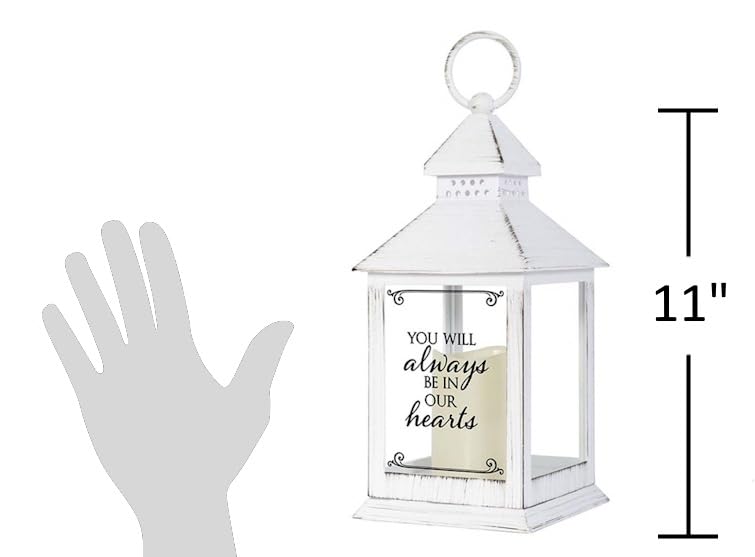 Distressed White Memorial Lantern with Flameless Candle (Always in Our Hearts)