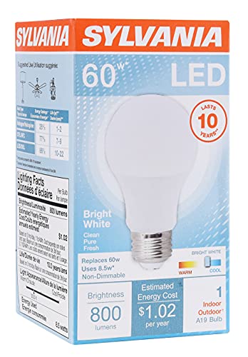 Sylvania LED Light Bulb, 60W Equivalent A19, Efficient 8.5W, Medium Base, Frosted Finish, 800 Lumens, Bright White - 1 Pack (79702)