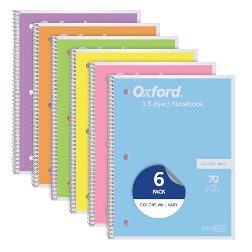 Oxford Spiral Notebook, 1 Subject, College Ruled Paper, 8 x 10-1/2 Inch, Pastel Pink, Orange, Yellow, Green, Blue and Purple, 70 Sheets (63756), Set