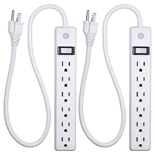 GE 6-Outlet Power Strip 2 Pack, 2 Ft Extension Cord, On/Off Switch, Integrated Circuit Breaker, Heavy Duty, UL Listed, White, 14087