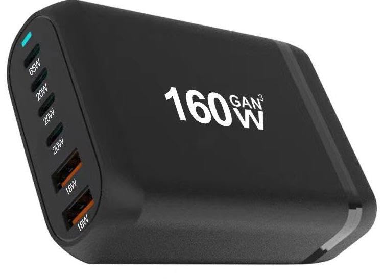 Famous Tech Shop 160W GaN Desktop Charger with 240W 4-in-1 Cable, 6 Port Charging Station with USB C and USB A, PD 3.0 QC 3.0 Fast Charging Hub