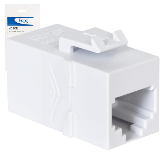 ICC RJ12 Inline Keystone Coupler, 6P6C Female-to-Female Jack, Pin 1-to-6 Voice Connector for RJ11/12, Snap-in Phone Line Module, UL Listed, White