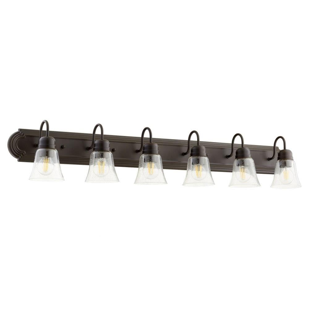 Bailey Street Home 6-Light Bathroom Light with Bell-Shaped Glass Shades with Satin Nickel Back Plate 48 inches W 8 inches H-Oiled Bronze Finish-Clear