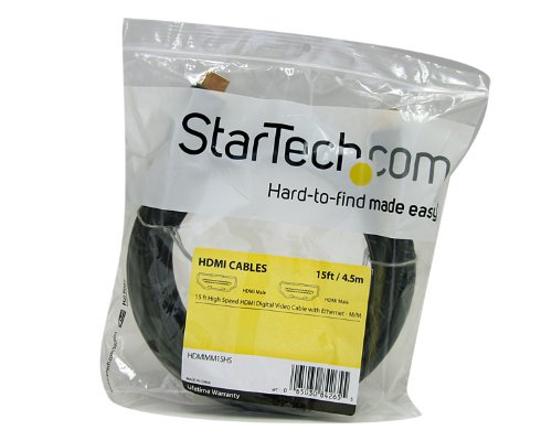 StarTech.com 15 ft High Speed HDMI Cable with Ethernet - Ultra HD 4k x 2k HDMI Cable - HDMI to HDMI M/M - 1080p Audio/Video, Gold-Plated (HDMIMM15HS) Black