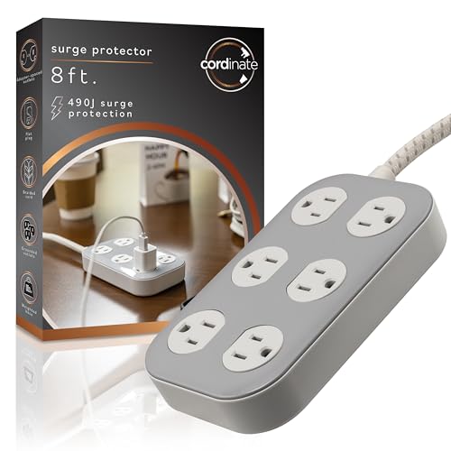 Cordinate Adapt 6 Widely Spaced Multiple Outlets Surge Protector Power Strip 8 ft Braided Extension Cord Flat Plug Electrical Extender for School Dorm