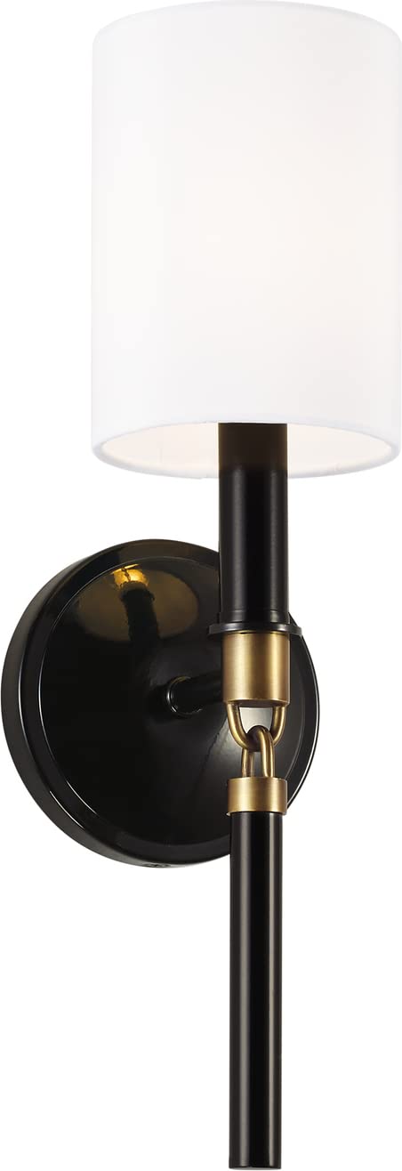 Capital Lighting 641911YA-700 Beckham Modern White Fabric Stay-Straight Shade Wall Sconce, 1-Light 60 Watt, 16" H x 5" W, Glossy Black and Aged Brass