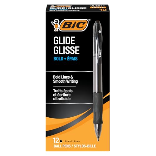 BIC Glide Bold Black Ballpoint Pens, Bold Point (1.6mm), 12-Count Pack, Retractable Ballpoint Pens With Comfortable Full Grip (VLGB11-BLK)