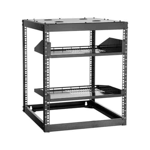 VEVOR 12U Open Frame Network Rack, 23 in Depth, Wall Mounted or Floor Standing Server Rack, Heavy Duty 4 Post, with Vented Shelves & Mounting