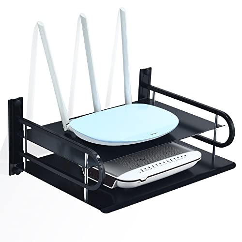 HNVNER Universal Media Shelf with Cable Holes for Entertainment 2-Tier Metal Floating Wall Shelves for Media Such as Router, Modem, Remote, Cable