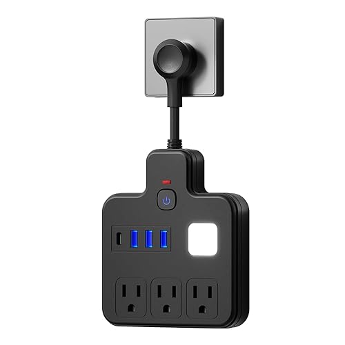 Short Extension Cord with USB Ports, Multi Plug Outlet Extender Surge Protector with 3 AC Outlets 4 USB (1 USB C 5V/1A), Flat Wall Charging Station