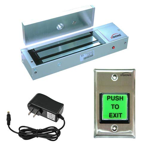 Visionis FPC-7322 VIS-ML1200LED Indoor Electromagnetic Lock 1200lbs for Out Swinging Door with VIS-7000 Green LED Push to Exit Button NC, COM, NO