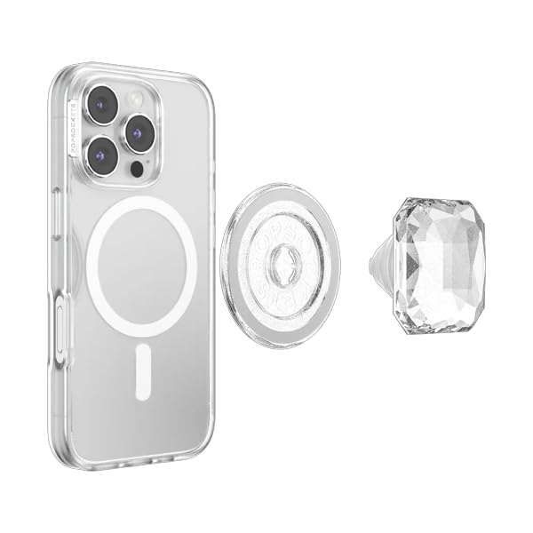 PopSockets Phone Grip for MagSafe, Magnetic Holder, Phone Stand, Heart - Pillow Cut Heart Clear Glitter