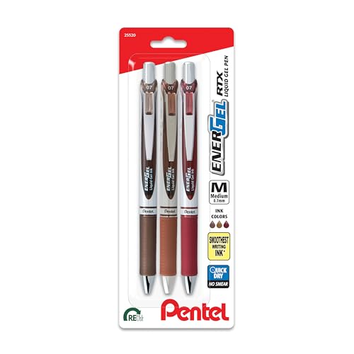 Pentel EnerGel RTX Retractable Liquid Gel Pen, Change Hue, 0.7mm, Sepia, Brown and Burgundy Ink, Pack of 3 Pens (BL77CHABP3M)