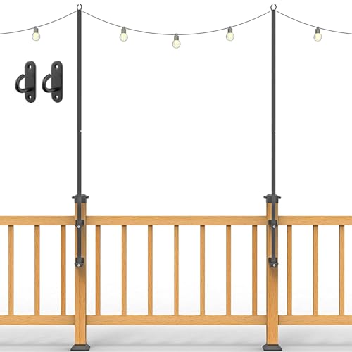 Antsky 2 Pack String Light Poles - Stainless Steel 6.5FT Deck Lights Poles with 2 Wall Hooks for Outdoor Light, String Lights, with SS Screws for Wood