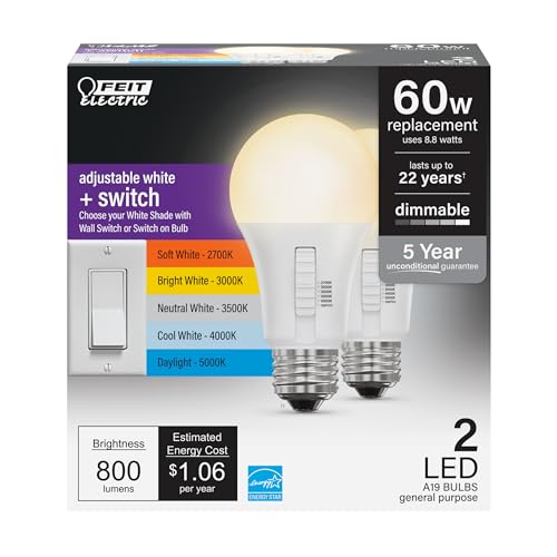 Feit Electric LED Light Bulbs - A19 60W Eq. Dimmable 5CCT + Switch - 2 Pack
